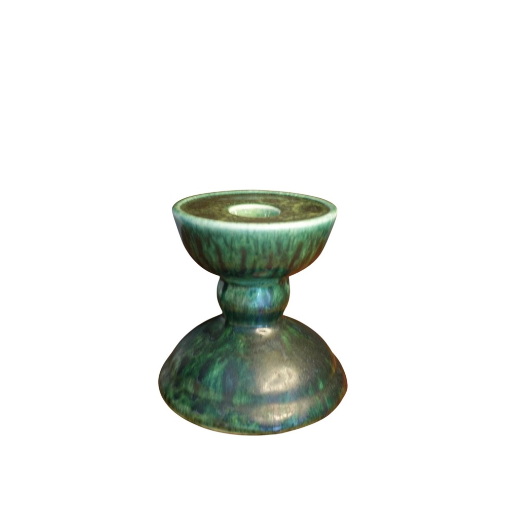 Vintage Gail Pittman Pottery Candle Holder Green Drip Glaze Signed 1982